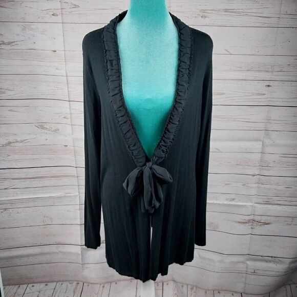 Chicos Rufflled Trim Tie Cardigan in Black size 3 or L - Picture 1 of 9